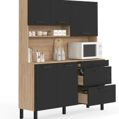 IDMarket Buffet de cuisine casserolier 5 portes + 3 tiroirs façon hêtre et noir* Meubles Tiroirs|Meubles Hauts