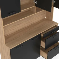 IDMarket Buffet de cuisine casserolier 5 portes + 3 tiroirs façon hêtre et noir* Meubles Tiroirs|Meubles Hauts