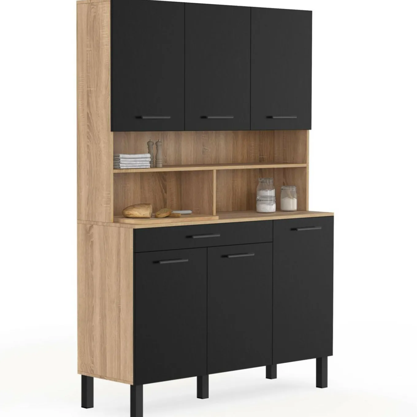 IDMarket Buffet de cuisine noir et bois 120 cm* Meubles Tiroirs|Meubles Hauts