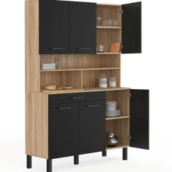 IDMarket Buffet de cuisine noir et bois 120 cm* Meubles Tiroirs|Meubles Hauts