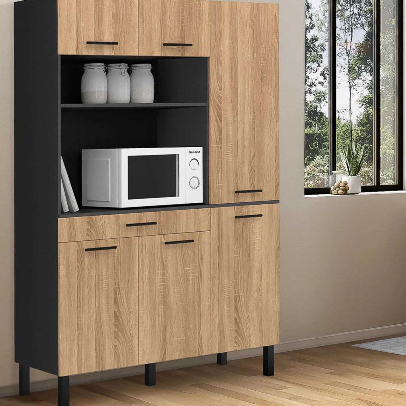 IDMarket Buffet de cuisine noir et façon hêtre avec 6 portes + tiroir* Meubles Tiroirs|Meubles Hauts