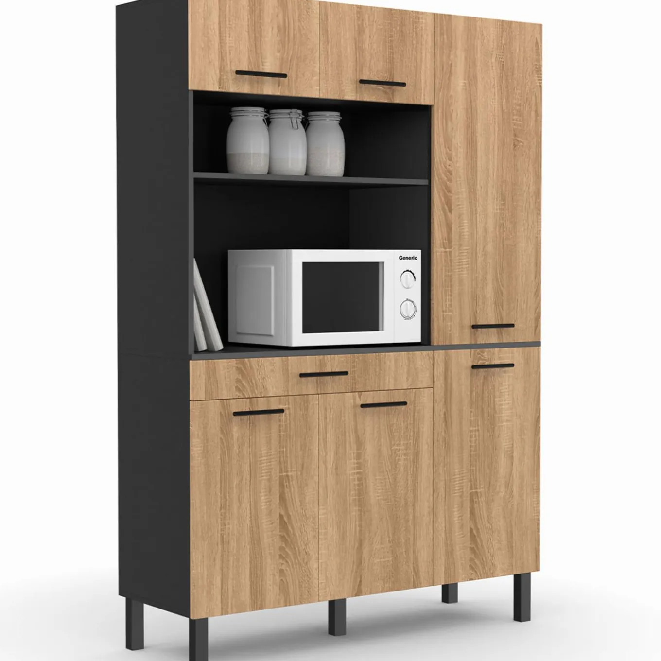 IDMarket Buffet de cuisine noir et façon hêtre avec 6 portes + tiroir* Meubles Tiroirs|Meubles Hauts