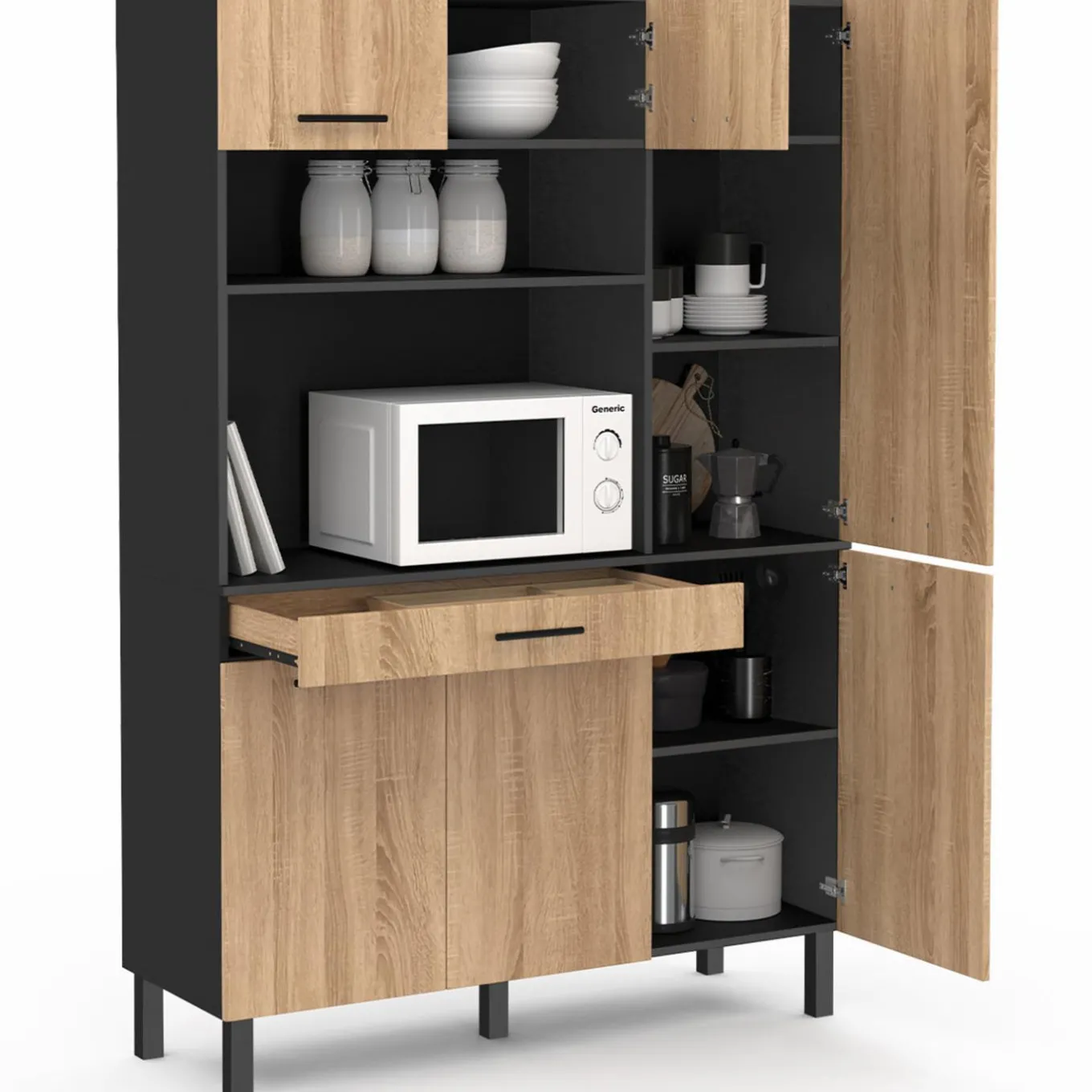 IDMarket Buffet de cuisine noir et façon hêtre avec 6 portes + tiroir* Meubles Tiroirs|Meubles Hauts