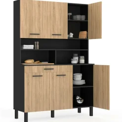 IDMarket Buffet de cuisine vaisselier noir et bois façon hêtre 120 cm* Meubles Tiroirs|Collection Contemporaine
