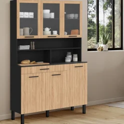 IDMarket Buffet de cuisine vaisselier 120 cm 6 placards + tiroir noir et bois façon hêtre* Meubles Tiroirs|Meubles Hauts
