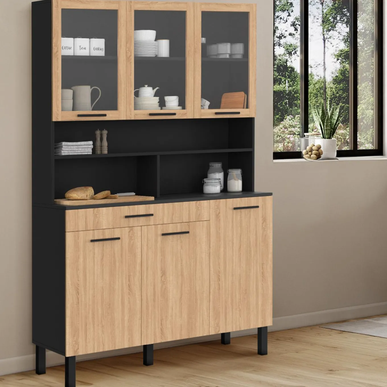 IDMarket Buffet de cuisine vaisselier 120 cm 6 placards + tiroir noir et bois façon hêtre* Meubles Tiroirs|Meubles Hauts