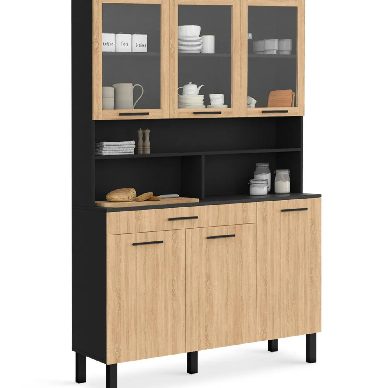 IDMarket Buffet de cuisine vaisselier 120 cm 6 placards + tiroir noir et bois façon hêtre* Meubles Tiroirs|Meubles Hauts