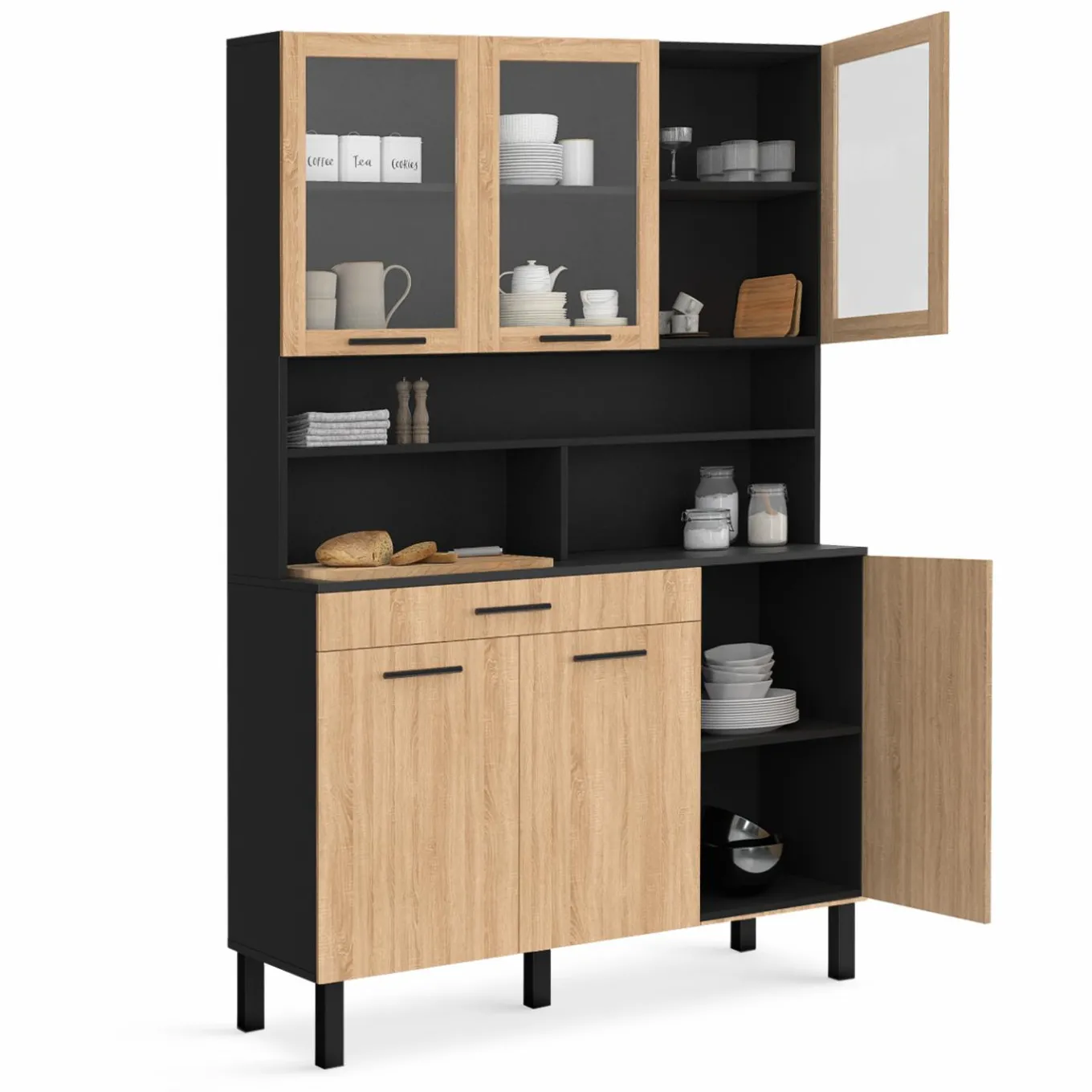 IDMarket Buffet de cuisine vaisselier 120 cm 6 placards + tiroir noir et bois façon hêtre* Meubles Tiroirs|Meubles Hauts