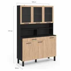IDMarket Buffet de cuisine vaisselier 120 cm 6 placards + tiroir noir et bois façon hêtre* Meubles Tiroirs|Meubles Hauts