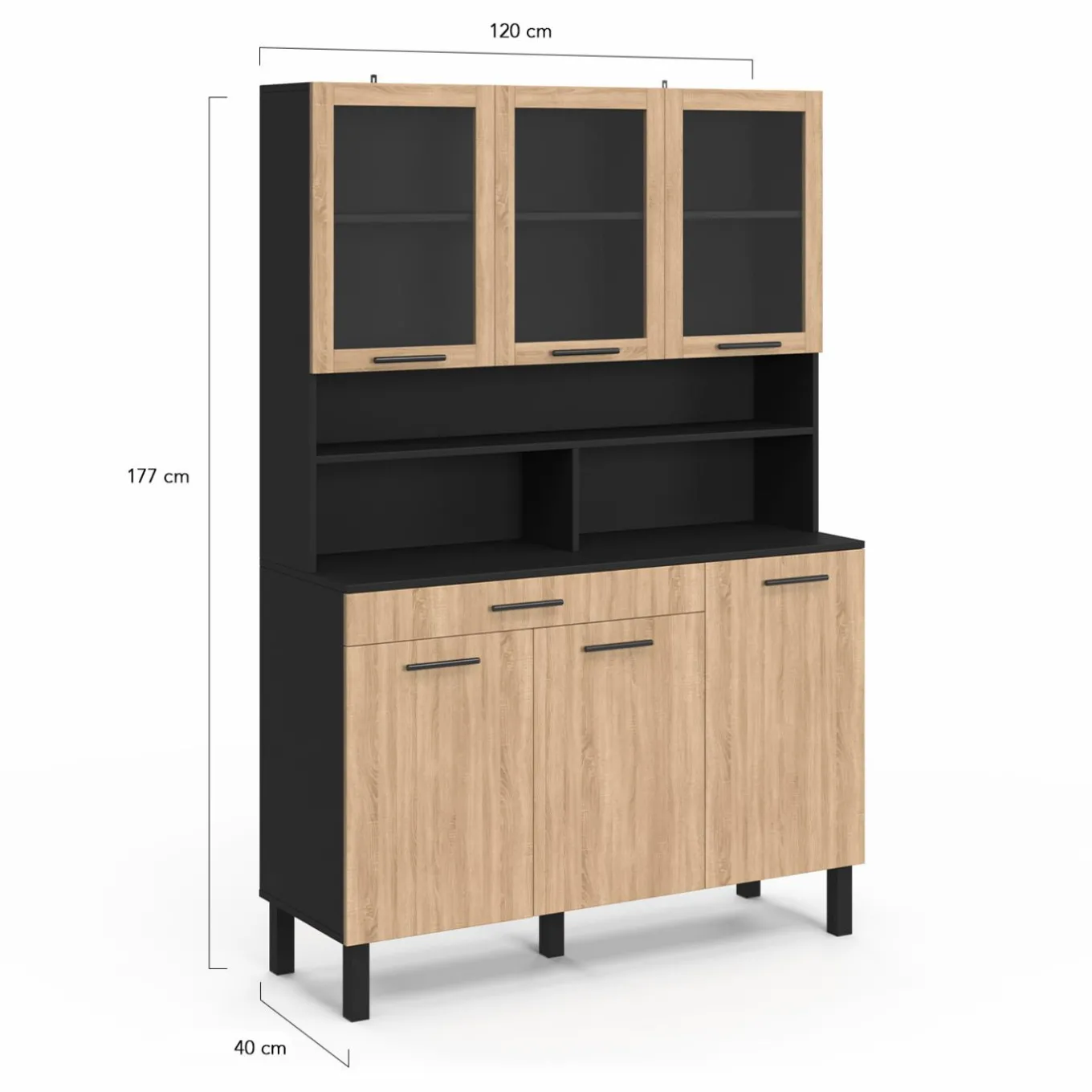 IDMarket Buffet de cuisine vaisselier 120 cm 6 placards + tiroir noir et bois façon hêtre* Meubles Tiroirs|Meubles Hauts