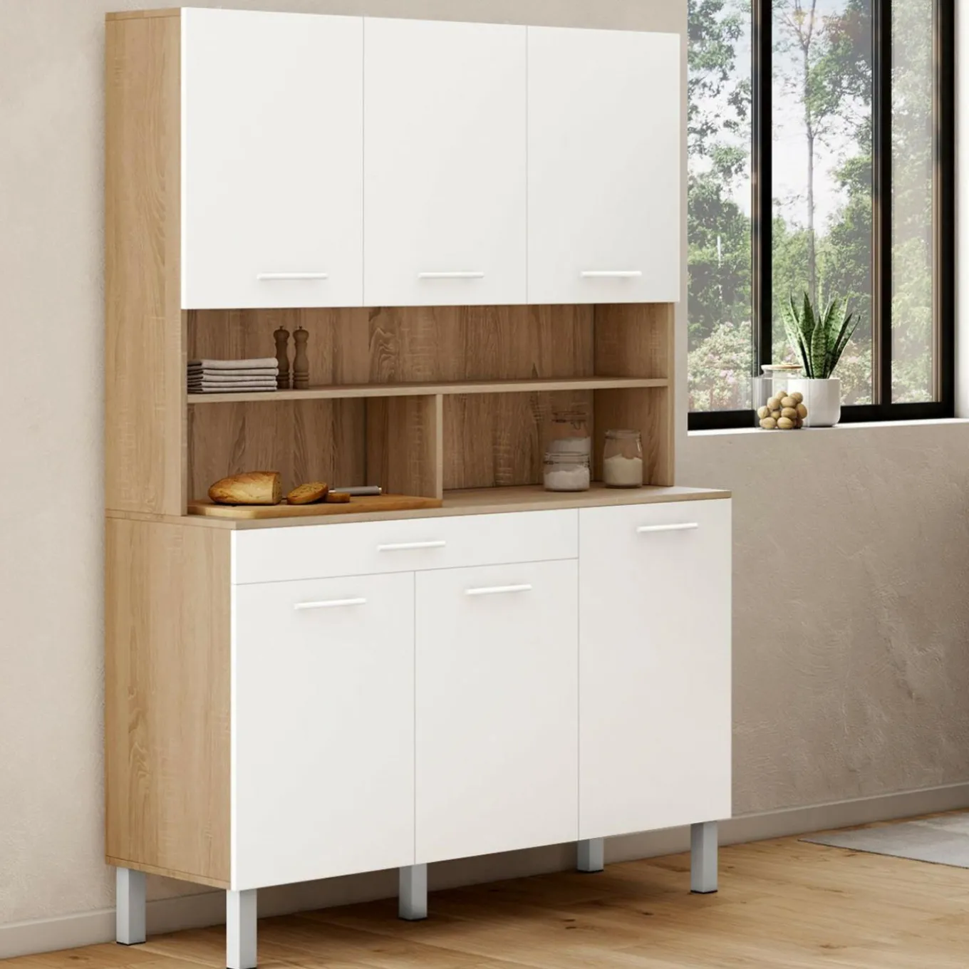 IDMarket Buffet de cuisine vaisselier blanc et bois façon hêtre 120 cm* Meubles Tiroirs|Meubles De Cuisine Avec Plan De Travail