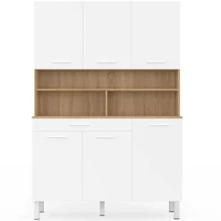 IDMarket Buffet de cuisine vaisselier blanc et bois façon hêtre 120 cm* Meubles Tiroirs|Meubles De Cuisine Avec Plan De Travail