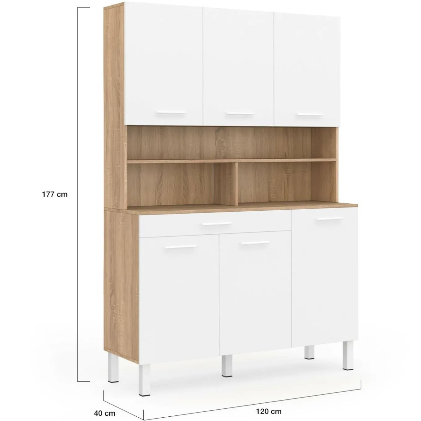 IDMarket Buffet de cuisine vaisselier blanc et bois façon hêtre 120 cm* Meubles Tiroirs|Meubles De Cuisine Avec Plan De Travail