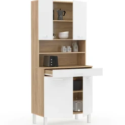 IDMarket Buffet de cuisine vaisselier blanc et bois façon hêtre 80 cm* Meubles Tiroirs|Meubles Hauts
