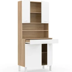 IDMarket Buffet de cuisine vaisselier blanc et bois façon hêtre 80 cm* Meubles Tiroirs|Meubles Hauts