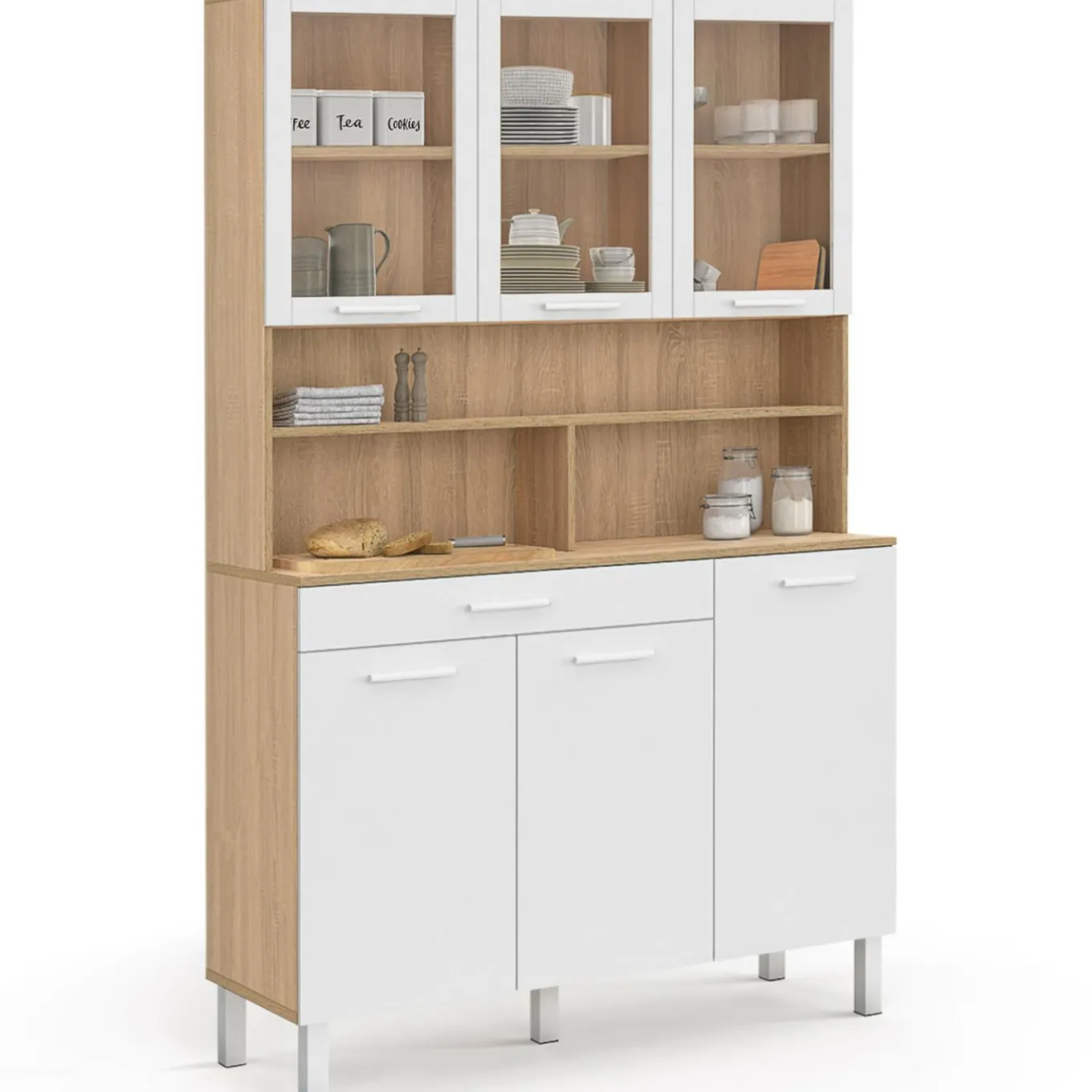 IDMarket Buffet de cuisine vaisselier 120 cm 6 placards + tiroir blanc et bois façon hêtre* Meubles Tiroirs|Meubles Hauts