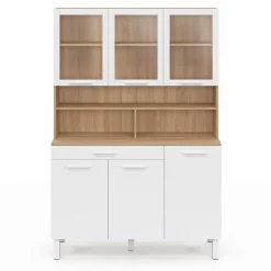 IDMarket Buffet de cuisine vaisselier 120 cm 6 placards + tiroir blanc et bois façon hêtre* Meubles Tiroirs|Meubles Hauts