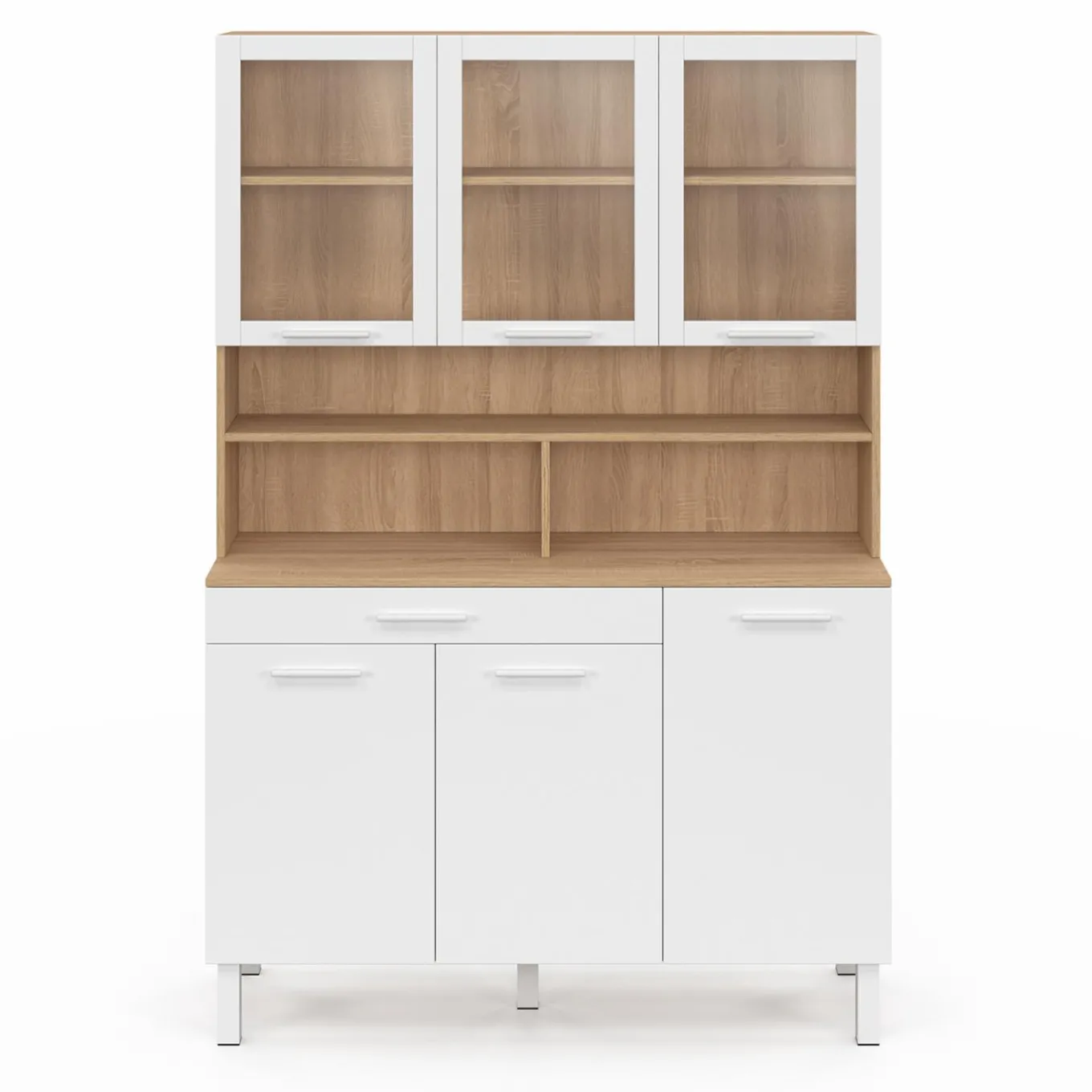 IDMarket Buffet de cuisine vaisselier 120 cm 6 placards + tiroir blanc et bois façon hêtre* Meubles Tiroirs|Meubles Hauts