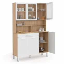 IDMarket Buffet de cuisine vaisselier 120 cm 6 placards + tiroir blanc et bois façon hêtre* Meubles Tiroirs|Meubles Hauts