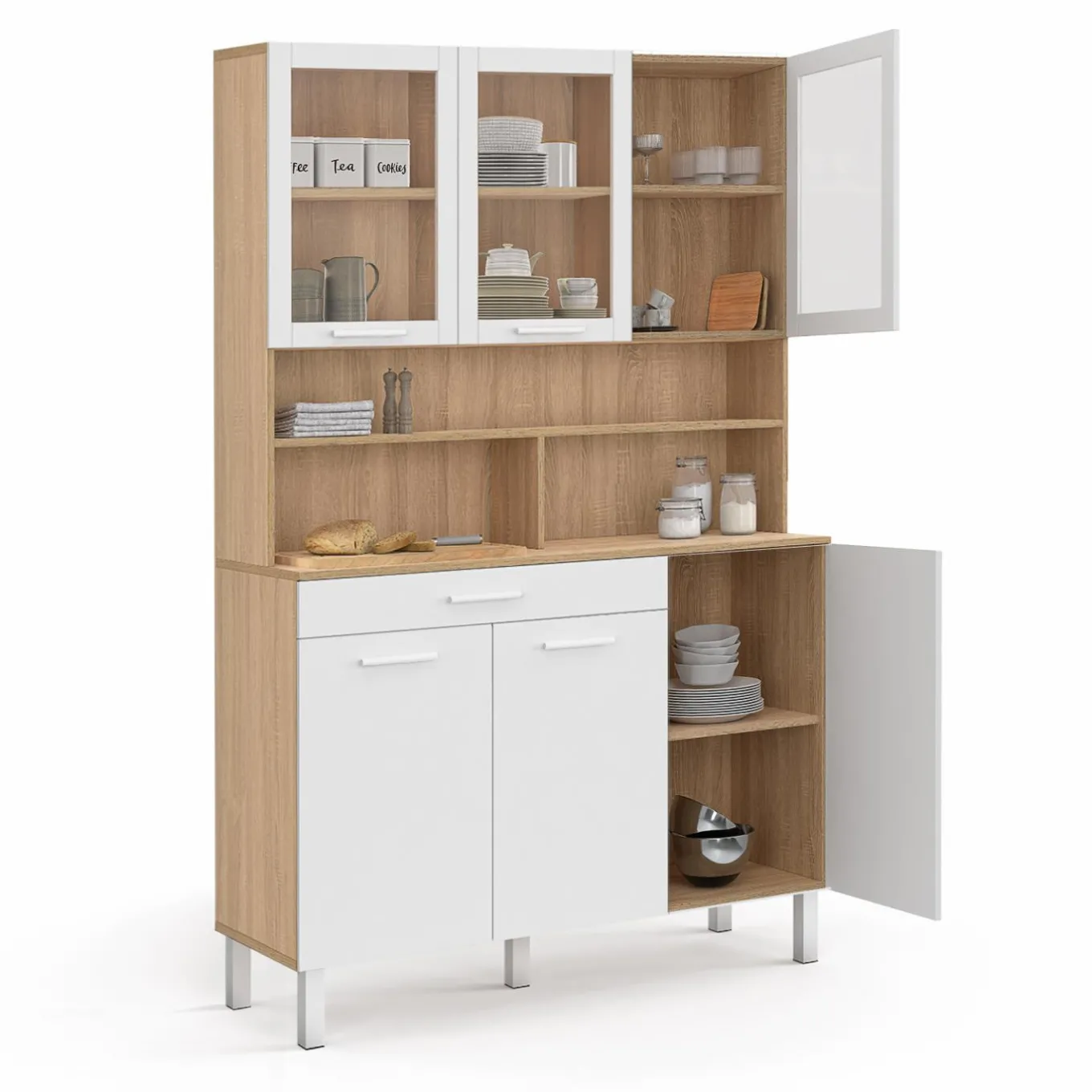 IDMarket Buffet de cuisine vaisselier 120 cm 6 placards + tiroir blanc et bois façon hêtre* Meubles Tiroirs|Meubles Hauts