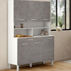 IDMarket Buffet de cuisine vaisselier effet béton et blanc 120 cm* Meubles Tiroirs|Meubles De Cuisine Avec Plan De Travail