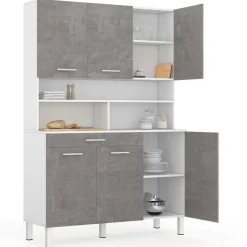 IDMarket Buffet de cuisine vaisselier effet béton et blanc 120 cm* Meubles Tiroirs|Meubles De Cuisine Avec Plan De Travail