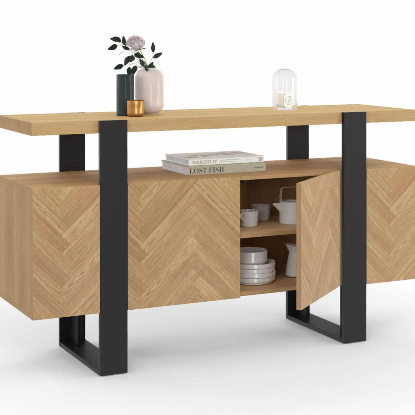 IDMarket Buffet effet chevrons et noir avec 4 portes 140 cm* Meubles En Bois|Collection Design