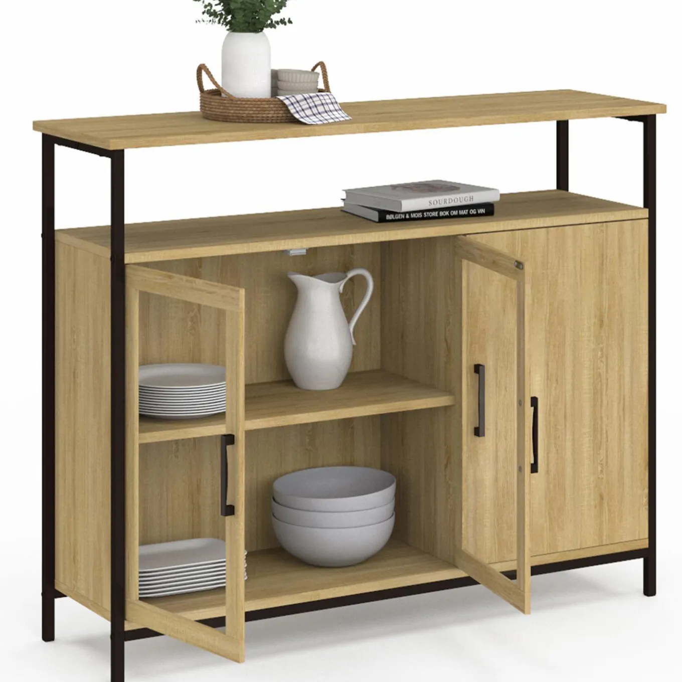 IDMarket Buffet industriel avec 2 portes vitrées et placards 100 cm* Buffets|Salle À Manger Complète