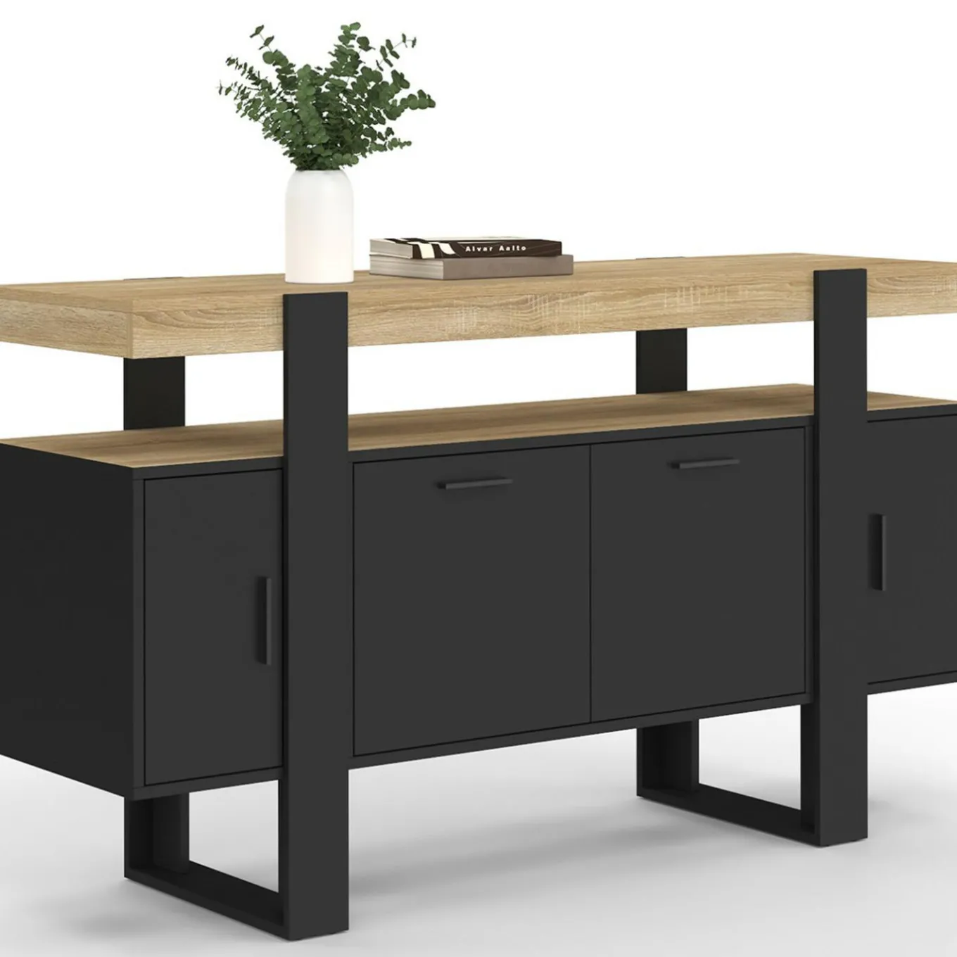 IDMarket Buffet noir avec plateau bois 140 cm 4 portes* Buffets