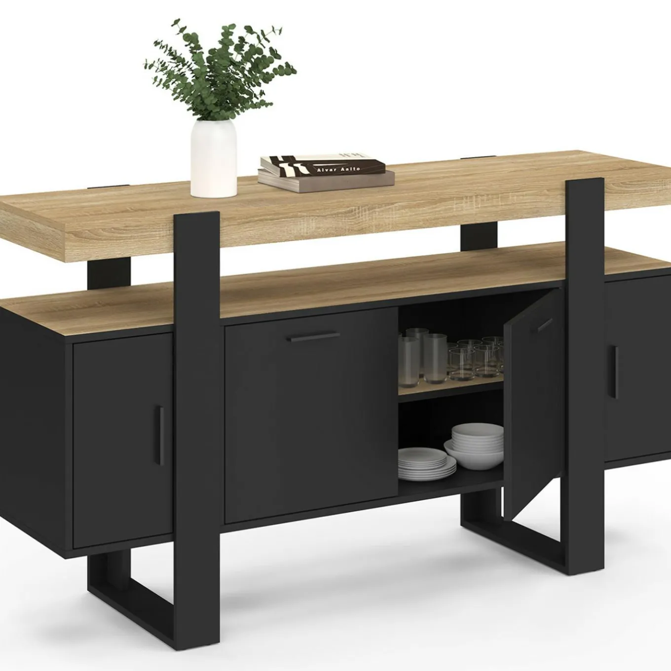IDMarket Buffet noir avec plateau bois 140 cm 4 portes* Buffets