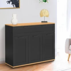 IDMarket Buffet noir et bois 3 portes et 1 tiroir* Meubles Tiroirs|Collection Design