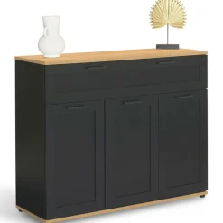 IDMarket Buffet noir et bois 3 portes et 1 tiroir* Meubles Tiroirs|Collection Design