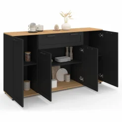 IDMarket Buffet noir et bois 4 portes 1 tiroir* Buffets|Salon Complet