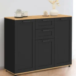 IDMarket Buffet noir et plateau bois 100 cm avec 3 portes et 2 tiroirs* Collection Design|Collection Moderne