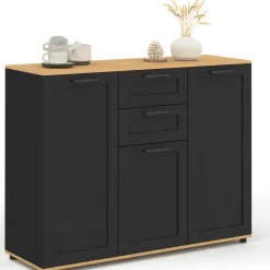 IDMarket Buffet noir et plateau bois 100 cm avec 3 portes et 2 tiroirs* Collection Design|Collection Moderne