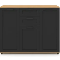 IDMarket Buffet noir et plateau bois 100 cm avec 3 portes et 2 tiroirs* Collection Design|Collection Moderne