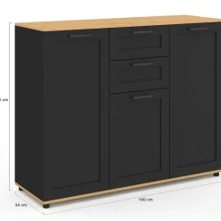 IDMarket Buffet noir et plateau bois 100 cm avec 3 portes et 2 tiroirs* Collection Design|Collection Moderne