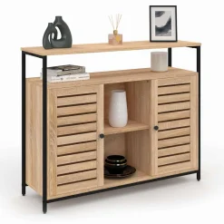 IDMarket Buffet portes persiennes bois et métal noir* Collection Industrielle|Salle À Manger Complète