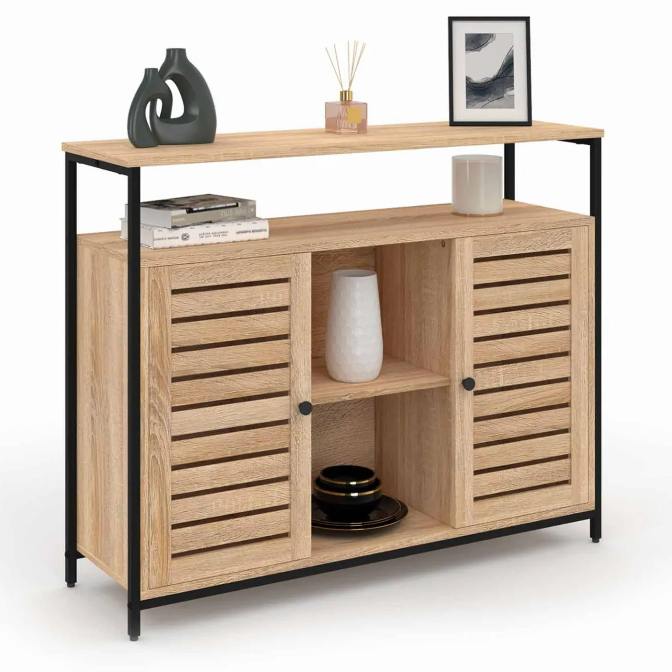 IDMarket Buffet portes persiennes bois et métal noir* Collection Industrielle|Salle À Manger Complète