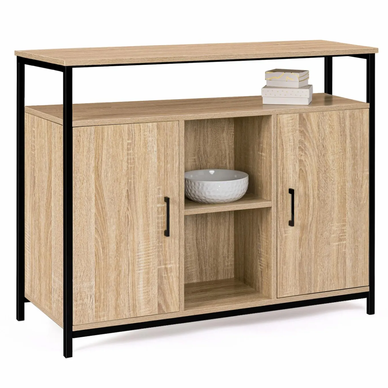 IDMarket Buffet style industriel avec 2 portes et étagères en bois et métal noir 100 cm* Meubles Bas|Meubles En Bois