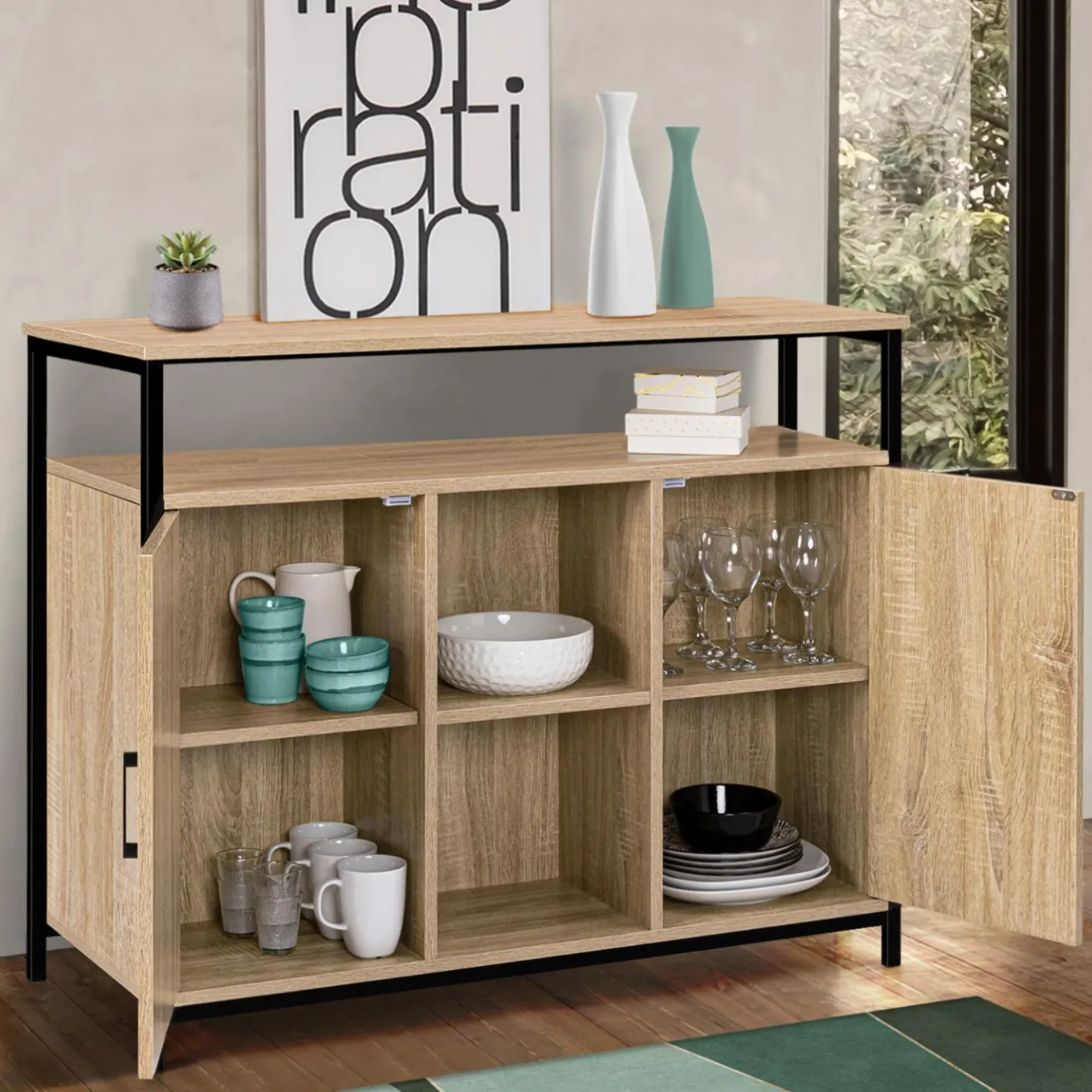 IDMarket Buffet style industriel avec 2 portes et étagères en bois et métal noir 100 cm* Meubles Bas|Meubles En Bois