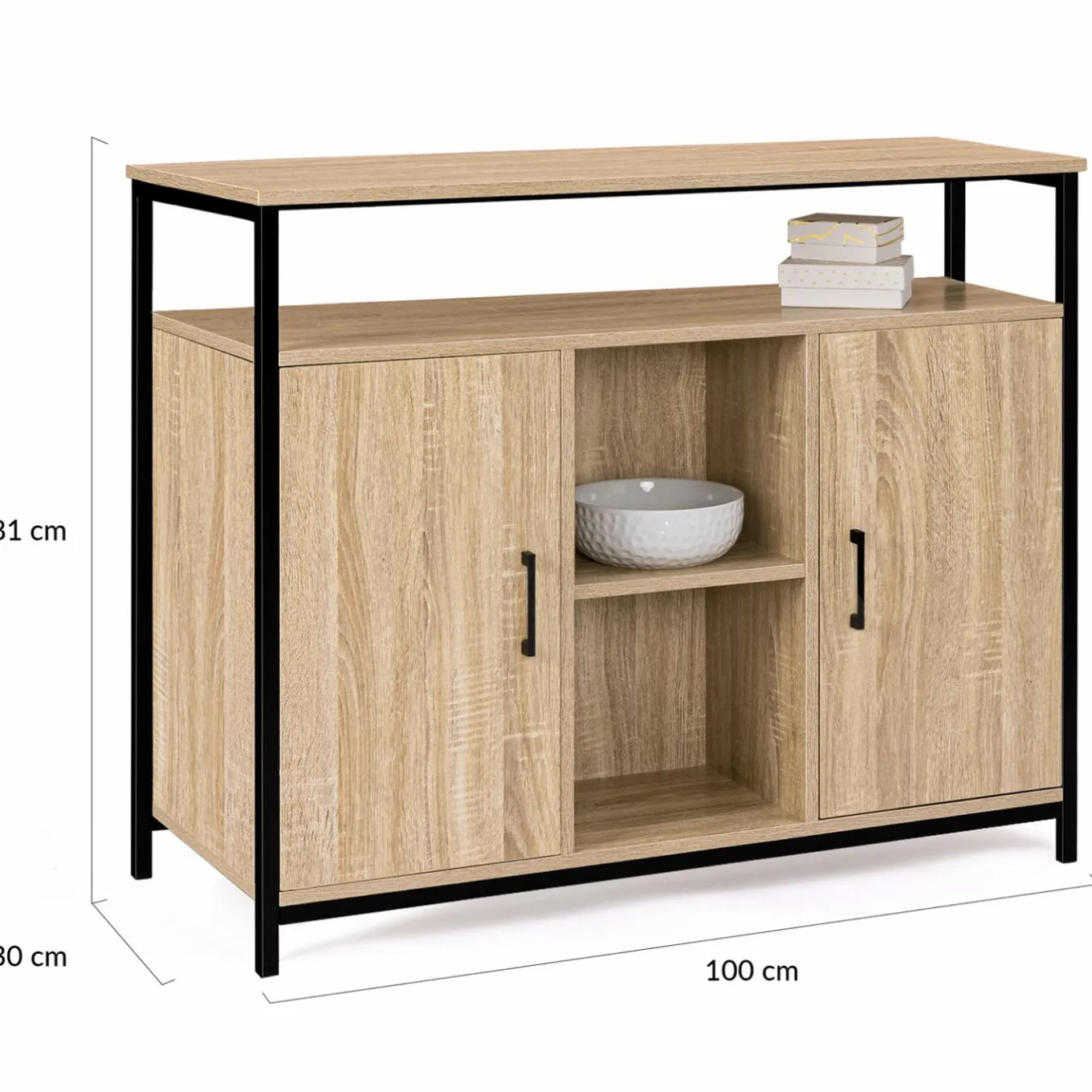 IDMarket Buffet style industriel avec 2 portes et étagères en bois et métal noir 100 cm* Meubles Bas|Meubles En Bois