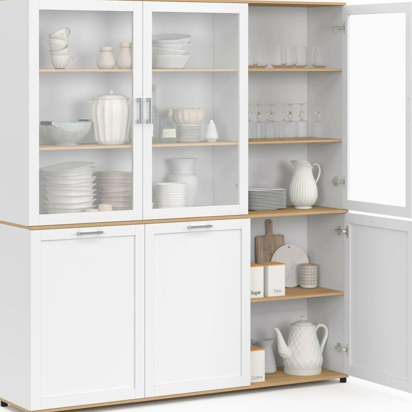 IDMarket Buffet vaisselier 160 cm meuble de cuisine 6 portes blanc et bois* Meubles Blancs|Meubles En Bois