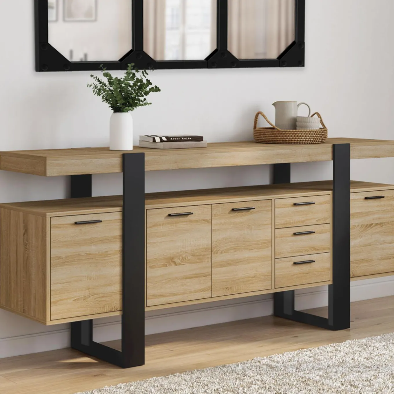 IDMarket Buffet XXL 180 cm 4 portes 3 tiroirs bois et noir* Buffets