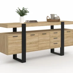 IDMarket Buffet XXL 180 cm 4 portes 3 tiroirs bois et noir* Buffets