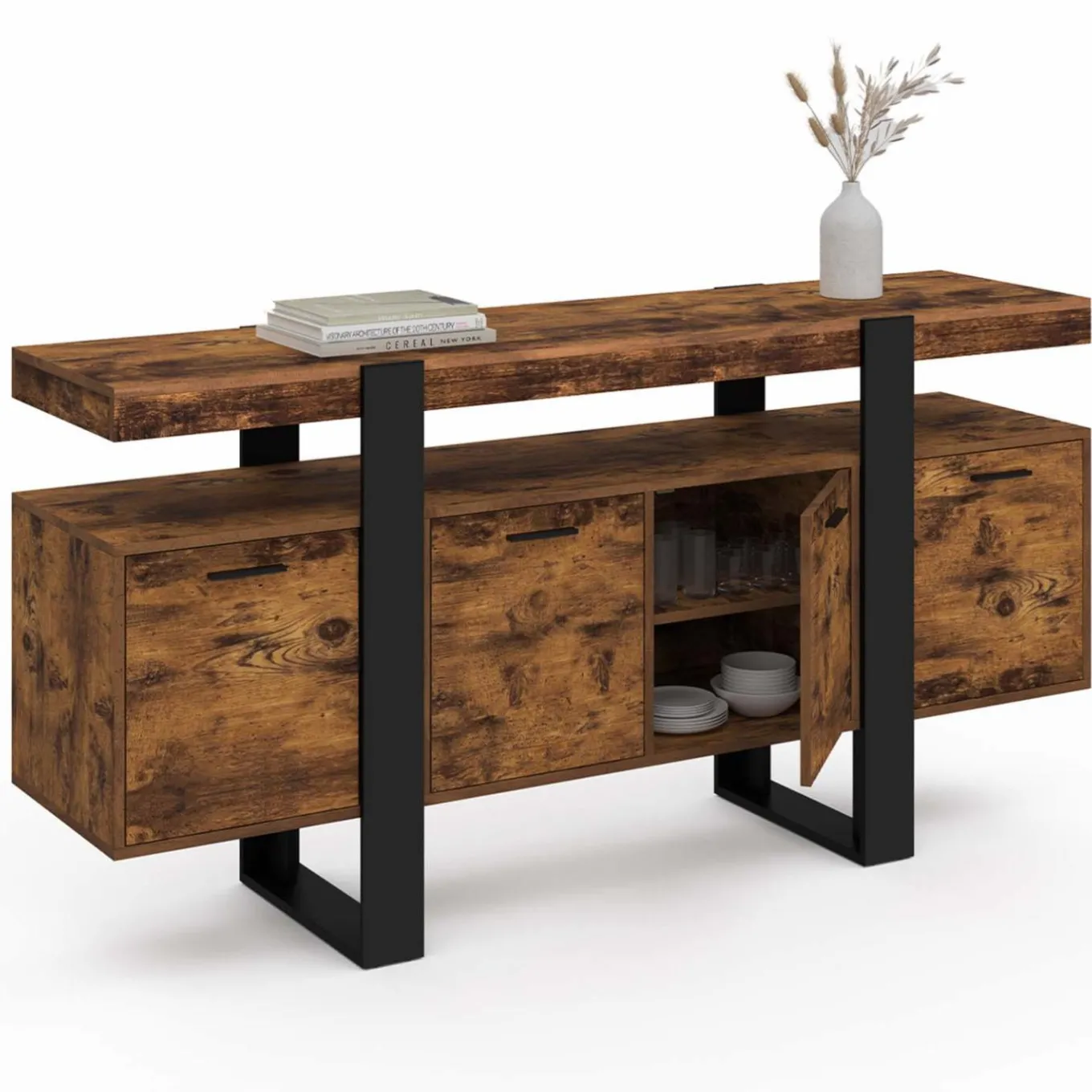 IDMarket Buffet XXL 4 portes bois effet vieilli et noir 160 cm* Buffets