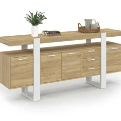 IDMarket Buffet XXL bois et blanc industriel 180 cm 4 portes 3 tiroirs* Buffets|Salon Complet