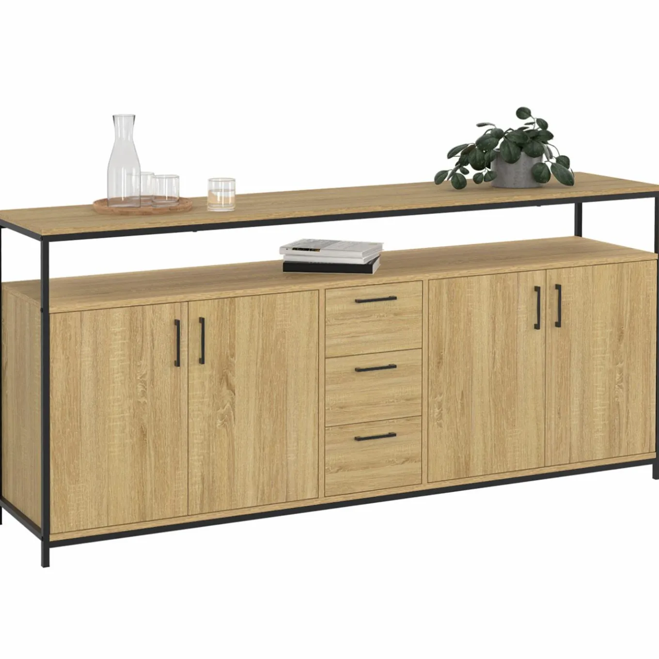 IDMarket Buffet XXL bois et noir style industriel 180 cm 4 portes et tiroirs* Buffets|Collection Industrielle