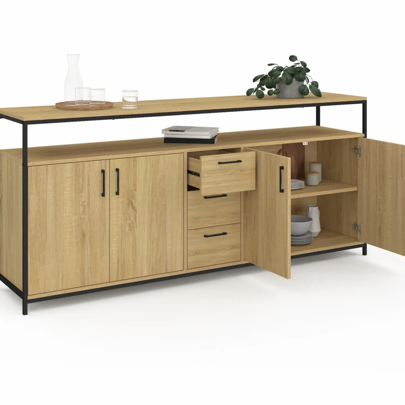 IDMarket Buffet XXL bois et noir style industriel 180 cm 4 portes et tiroirs* Buffets|Collection Industrielle