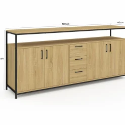 IDMarket Buffet XXL bois et noir style industriel 180 cm 4 portes et tiroirs* Buffets|Collection Industrielle